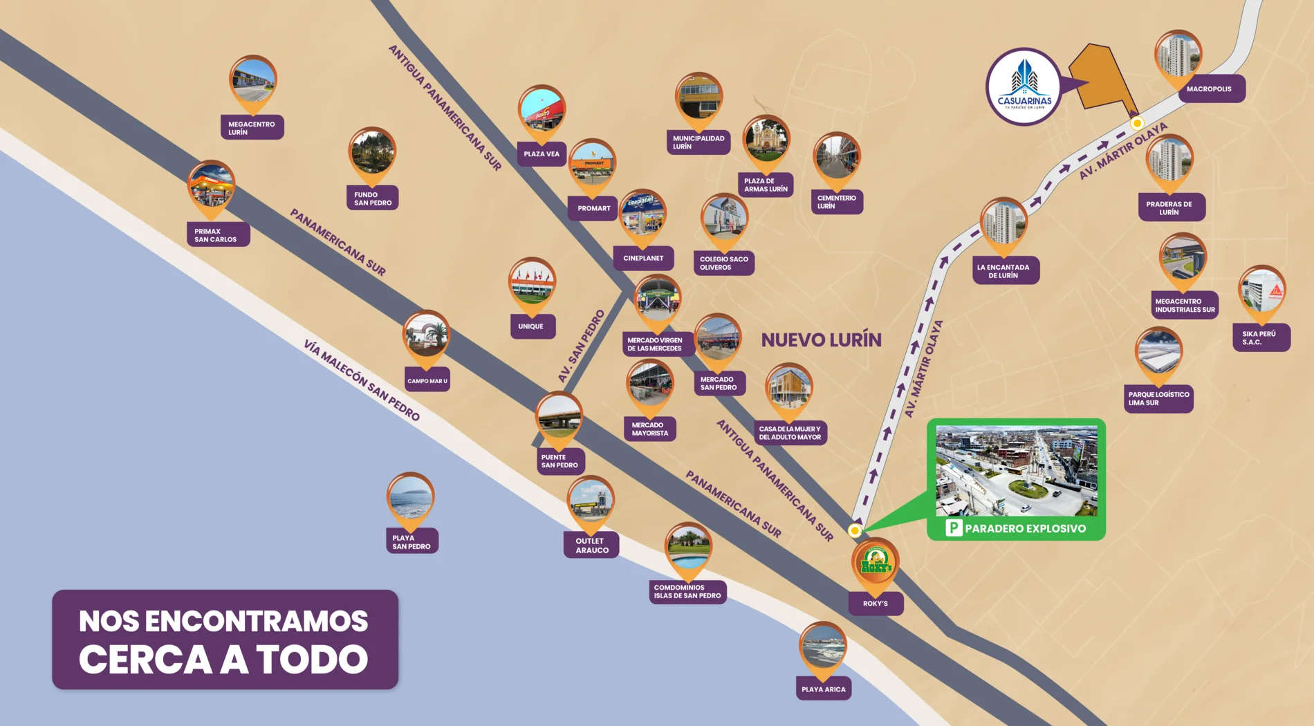 Plano alrededor del proyecto inmobiliario Casuarinas de Lurín.